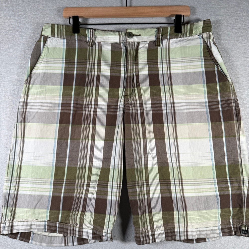 Quiksilver Mens Plaid Flat Front Shorts Brown Green White Size 36 F104068